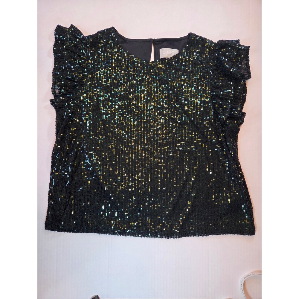 Cupio Blush Sequin Top Women XL Black Ruffle Sleeve Iridescent Blouse